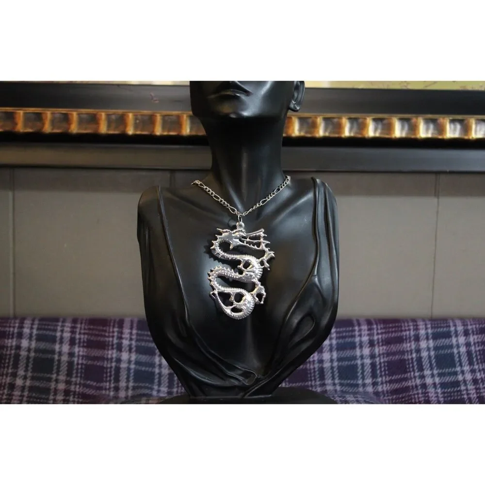 Chinese Dragon Silver Tone Pendant Necklace on Figaro Chain